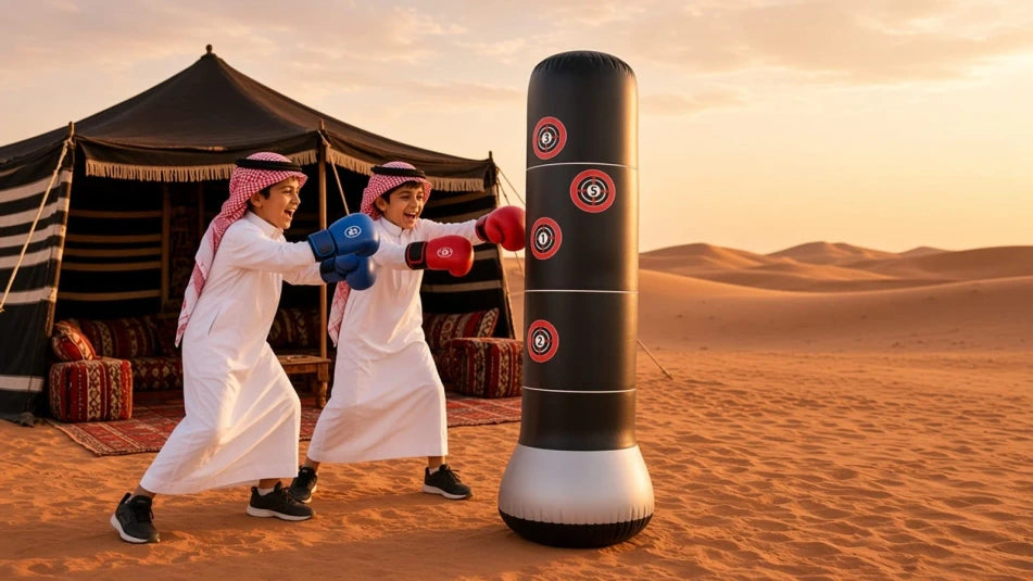 أولاد يلعبون ملاكمة على الكيس بالكشتة عند الغروب